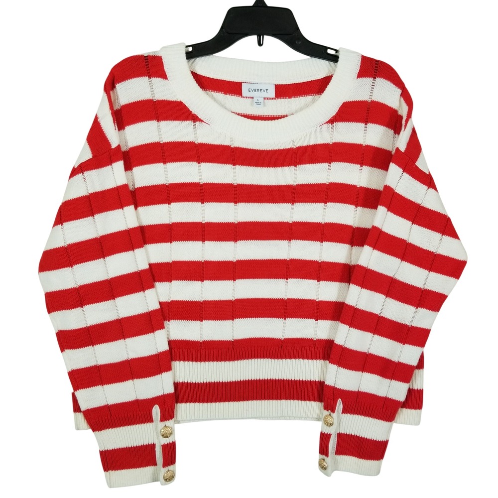 Evereve Womens Red White Striped Gold Button Cuff Cotton Blend Sweater Large